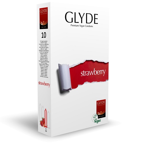 n11095-glyde-strawberry-1_1 Glyde Ultra Strawberry Flavour Vegan Condoms 10 Pack - Image 1