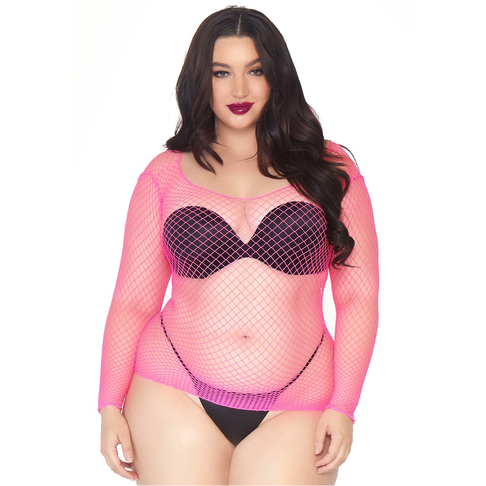 n12607-leg-avenue-long-sleeved-industrial-net-top-neon-pink-ps-1 Leg Avenue Long Sleeved Industrial Net Top Neon Pink Plus Size - Image 1