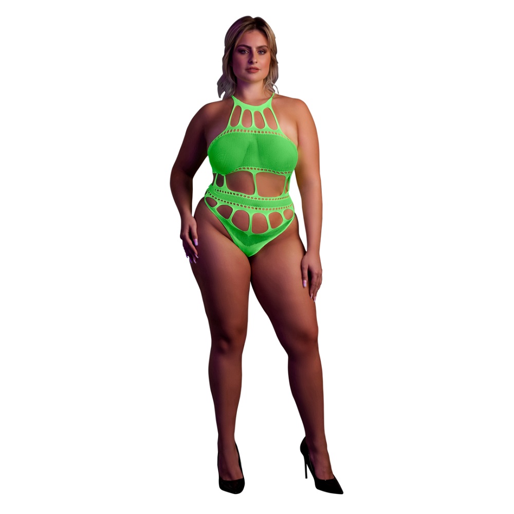 n12663-cut-out-thong-bodysuit-neon-green-ps-1 Cut Out Thong Bodysuit Neon Green Plus Size - Image 1