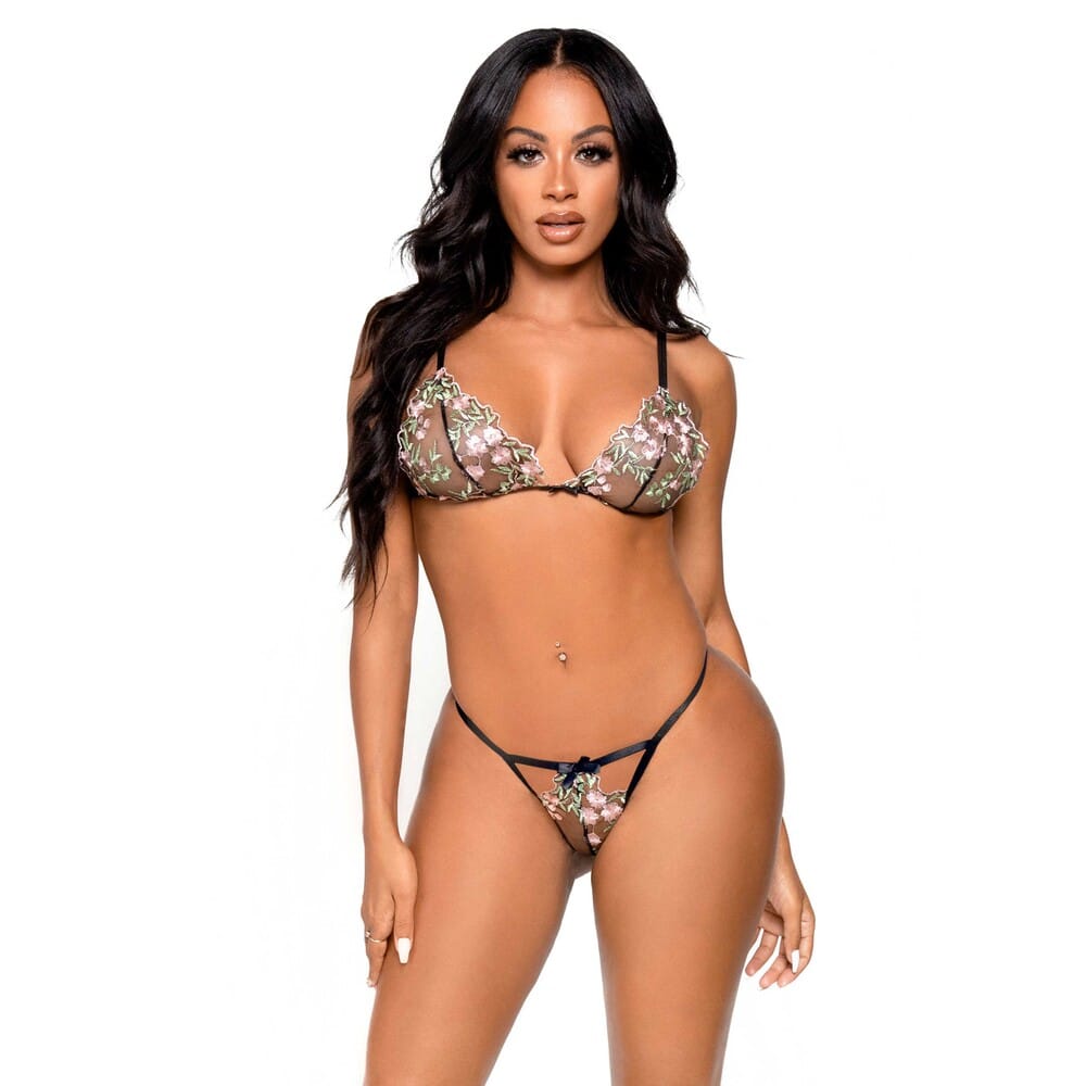 81649BLKx1.jpg Leg Avenue Floral Sheer Bra and GString Black - Image 1