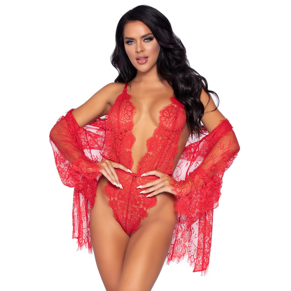86112REDx1.jpg Leg Avenue Floral Lace Teddy and Robe Red - Image 1