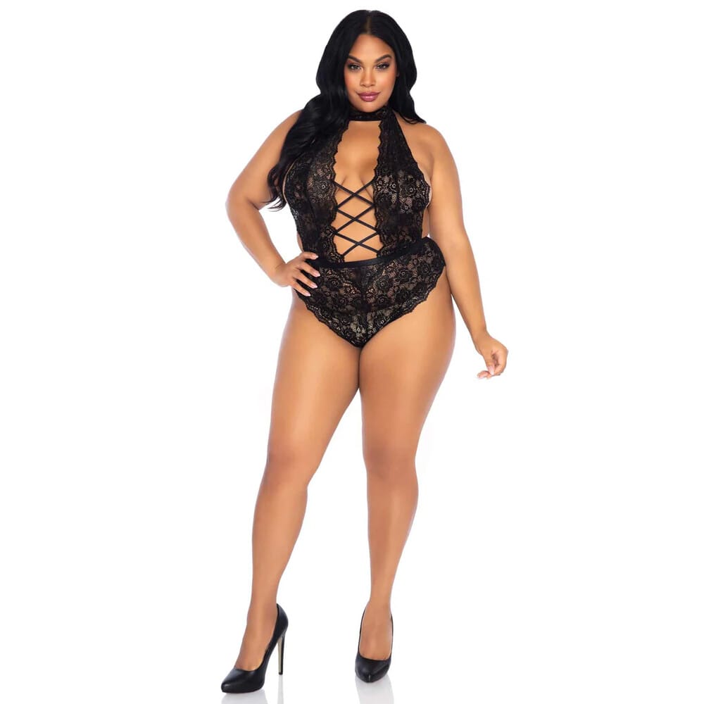 89245XBLKx1.jpg Leg Avenue Floral Lace Crotchless Teddy Black UK 14 to 18 - Image 1