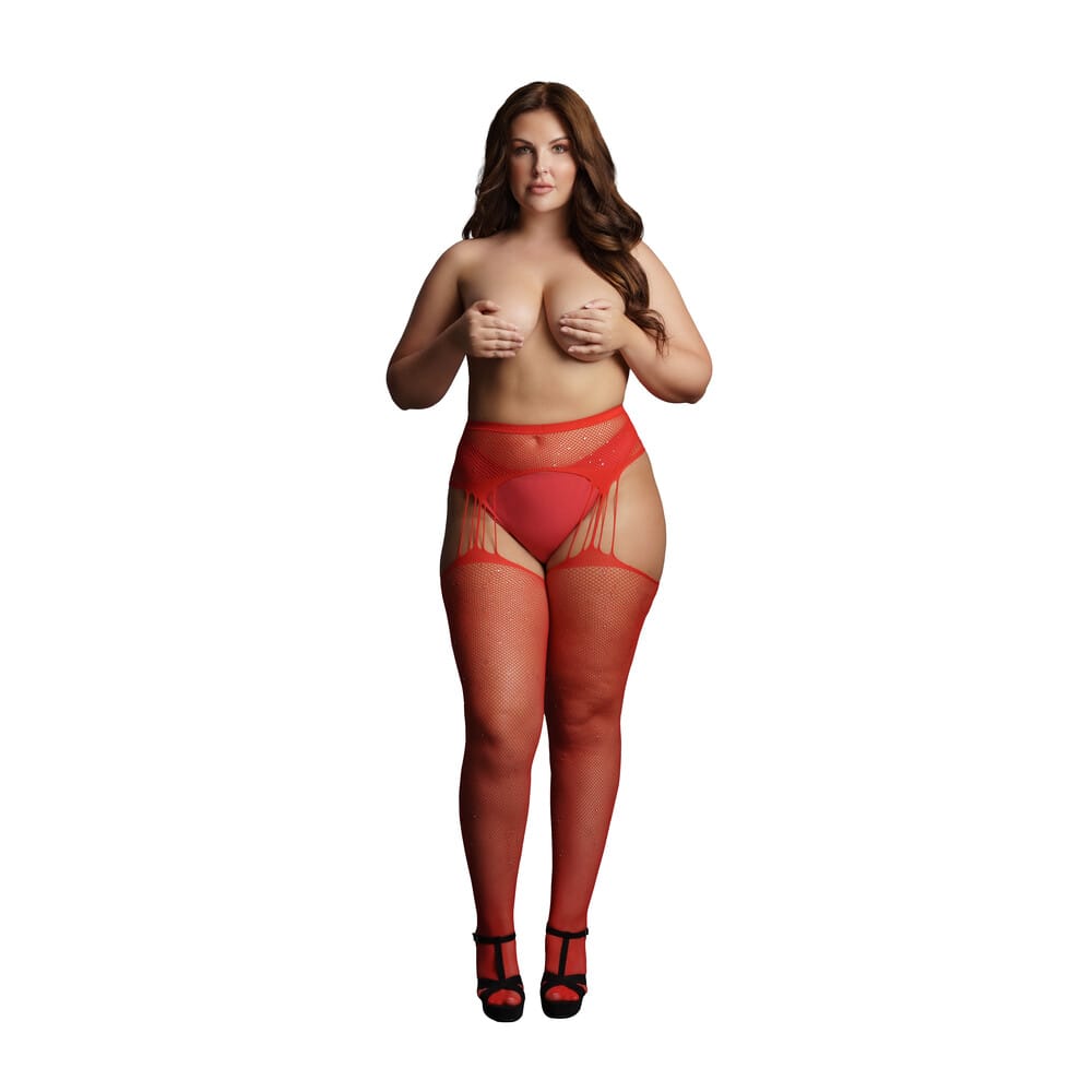 DES040REDOSXx1.jpg Le Desir Suspender Rhinestone Pantyhose Red UK 14 to 20 - Image 1