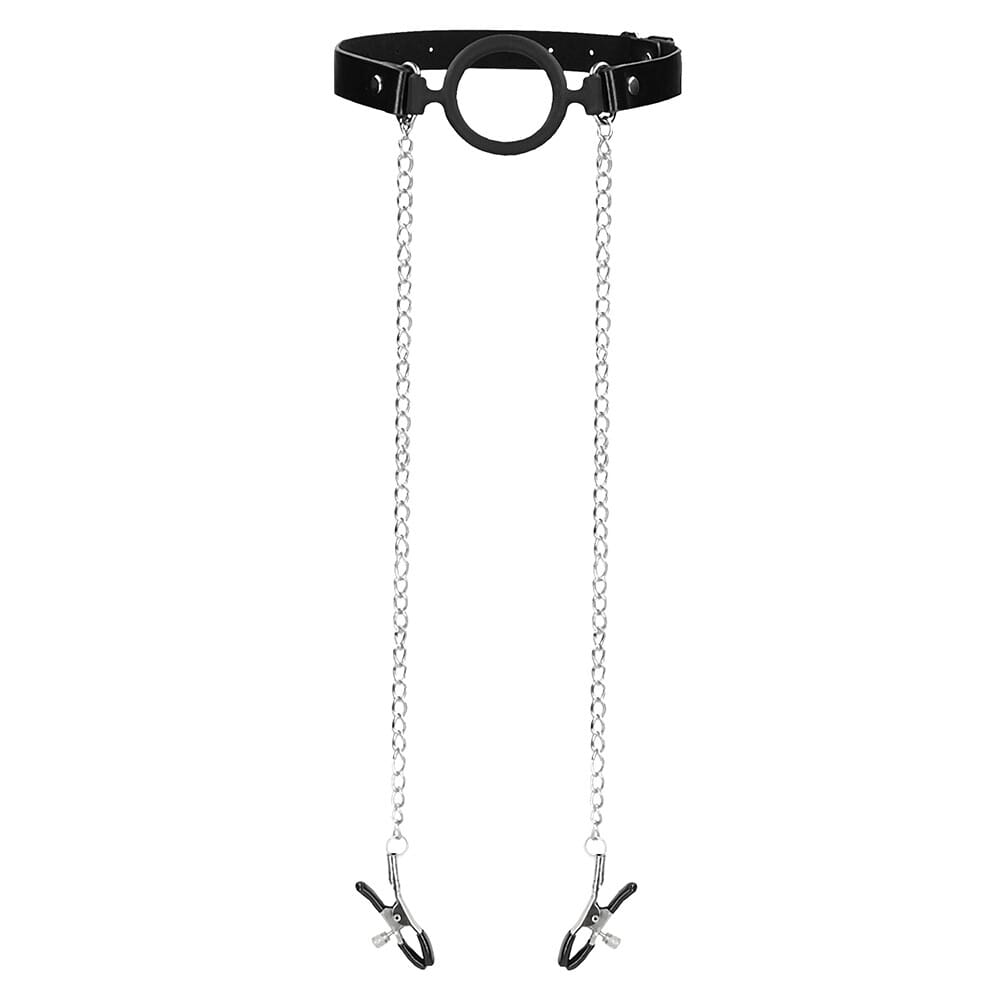OU553BLKx1.jpg Ouch O Ring Gag With Nipple Clamps - Image 1
