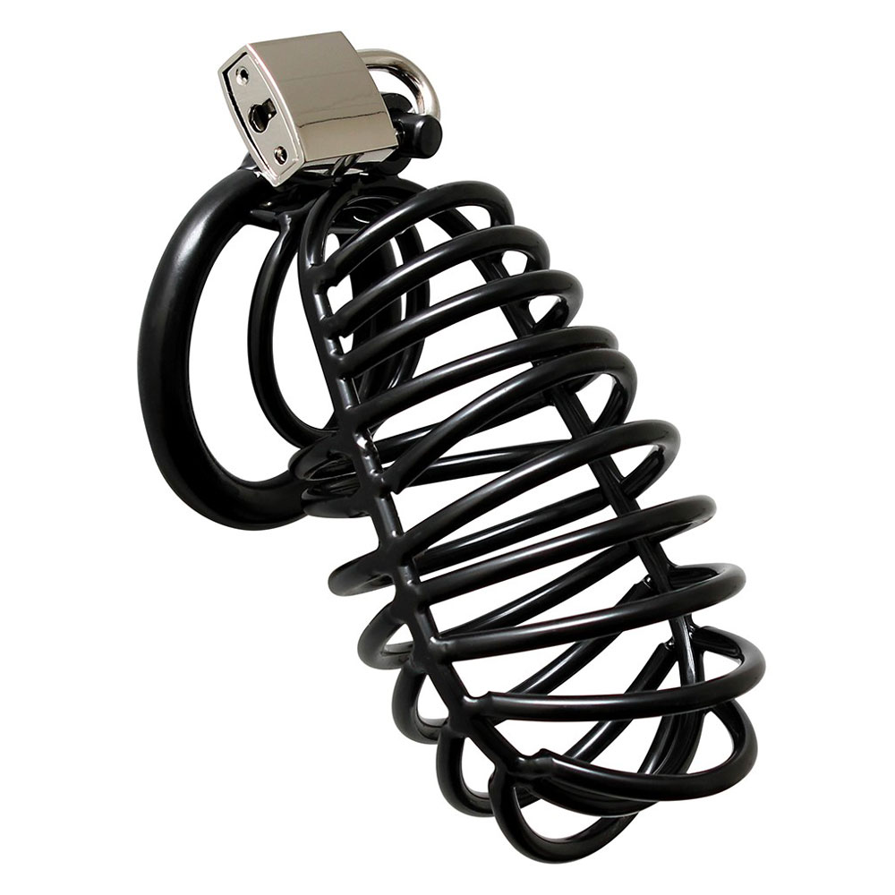 R8112x1.jpg Black Metal Male Chastity Device With Padlock - Image 1